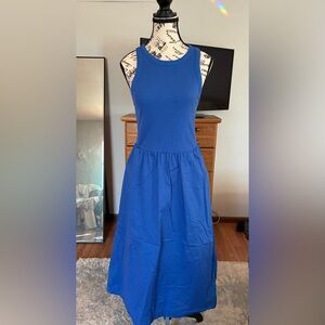 Sleeveless ribbed top cobalt blue drop waist Midi Dress with pockets